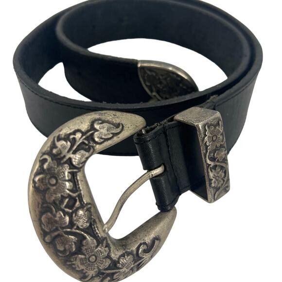 Vintage Accessories - Vintage Express Belt Black Real Leather Floral Engraved Silver Buckle Western M